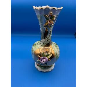 Vintage Pereiras Valado Portugal Ceramic Vase -Gold Gilt-Applied Roses
